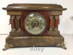 Antique Seth Thomas Adamantine Mantle Clock Faux Marble Lion Heads Working