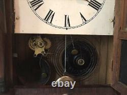 Antique Seth Thomas Alarm Mantle Gong Clock Hand Painted Door with Key