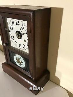 Antique Seth Thomas Alarm Mantle Gong Clock One Day Hand Painted Door with Key