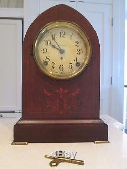 Antique Seth Thomas Arch Form Inlaid Pendulum Mantle Shelf Clock with Brass Feet