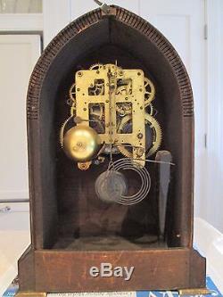 Antique Seth Thomas Arch Form Inlaid Pendulum Mantle Shelf Clock with Brass Feet