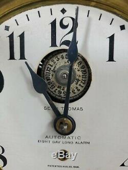 Antique Seth Thomas Automatic 8 Day Long Alarm Clock Mantle c1908