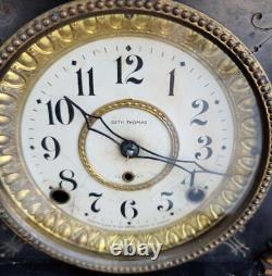 Antique Seth Thomas Black Adamantine Mantel Clock WITH KEY NEEDS TLC -1890s