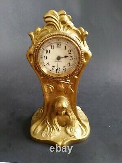 Antique Seth Thomas Bronzed. Lady Mantel Desk Clock Floral Art Nouveau Cast
