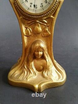 Antique Seth Thomas Bronzed. Lady Mantel Desk Clock Floral Art Nouveau Cast