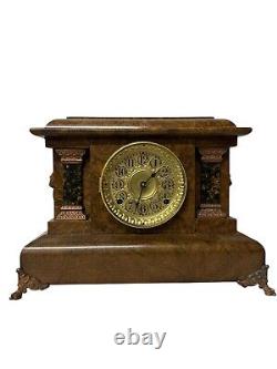 Antique Seth Thomas Brown Adamantine Pillar Mantle Clock Faux Marble Lion Heads