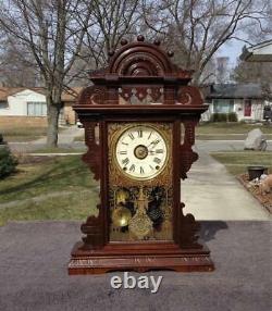 Antique Seth Thomas Eclipse Walnut Balltop Shelf Mantle Clock Painted Glass Runs