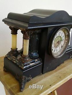 Antique Seth Thomas Four Pillars Mantle Clock All Original Black Adamantine