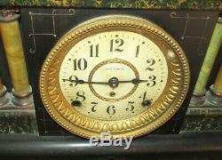 Antique Seth Thomas Green Adamantine 6 Pillar Mantel Mantle Clock Shelf