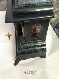Antique Seth Thomas Green & Black Adamantine Mantle Clock Lions Heads Works