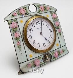 Antique Seth Thomas Guilloche Enamel Sterling Silver Travel Desk Clock