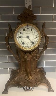 Antique Seth Thomas Nude Woman Patinated Spelter Figural Mantle Clock 15