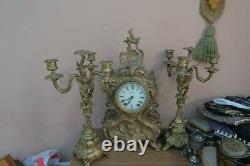 Antique Seth Thomas Shelf Mantle Clock & 2 Candelabra Rococo Gold Gilt Metal