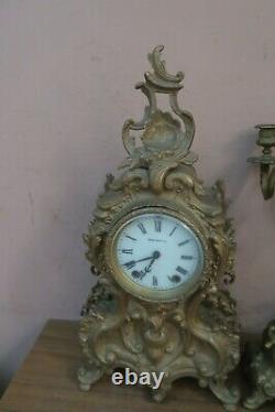 Antique Seth Thomas Shelf Mantle Clock & 2 Candelabra Rococo Gold Gilt Metal