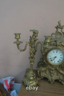 Antique Seth Thomas Shelf Mantle Clock & 2 Candelabra Rococo Gold Gilt Metal