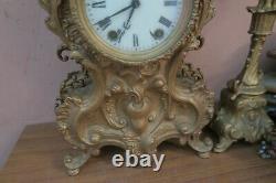 Antique Seth Thomas Shelf Mantle Clock & 2 Candelabra Rococo Gold Gilt Metal