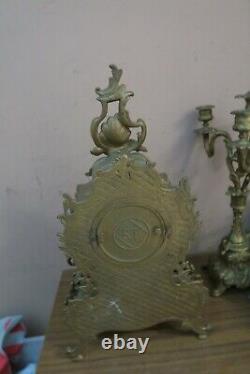 Antique Seth Thomas Shelf Mantle Clock & 2 Candelabra Rococo Gold Gilt Metal