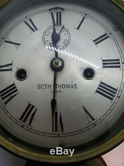 Antique Seth Thomas Ships Bell Clock, 6 and a 1/2 inches. Beveled glass. No key