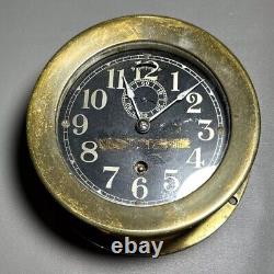 Antique Seth Thomas WWII Brass U. S. Ship Clock Working with Key Black Face