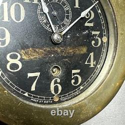 Antique Seth Thomas WWII Brass U. S. Ship Clock Working with Key Black Face