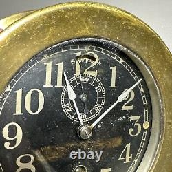 Antique Seth Thomas WWII Brass U. S. Ship Clock Working with Key Black Face