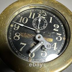 Antique Seth Thomas WWII Brass U. S. Ship Clock Working with Key Black Face