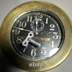 Antique Seth Thomas WWII Brass U. S. Ship Clock Working with Key Black Face