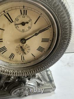 Antique Seth Thomas Windup Long Alarm Mantel Clock Cast Iron WORKS! Silver