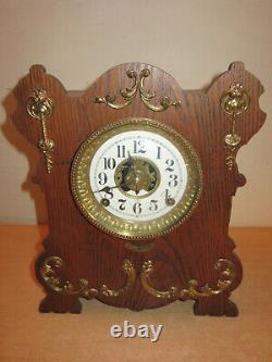 Antique Seth Thomas brass mounted Oak Kitchen clock with alarm 14 restored