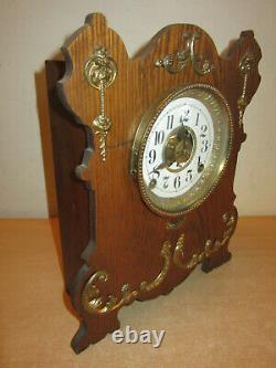 Antique Seth Thomas brass mounted Oak Kitchen clock with alarm 14 restored