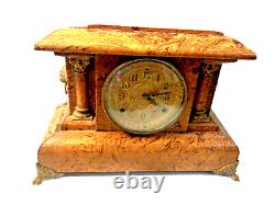 Antique Thomas Seth Mantle Clock Wooden with metal accents withkey for parts