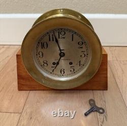 Antique/Vintage Seth Thomas Brass Ships Mantle Clock with Wood Stand & Key USA