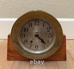 Antique/Vintage Seth Thomas Brass Ships Mantle Clock with Wood Stand & Key USA