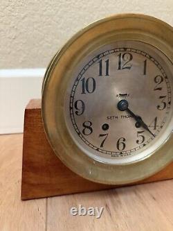 Antique/Vintage Seth Thomas Brass Ships Mantle Clock with Wood Stand & Key USA