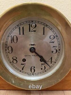 Antique/Vintage Seth Thomas Brass Ships Mantle Clock with Wood Stand & Key USA