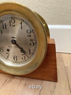 Antique/Vintage Seth Thomas Brass Ships Mantle Clock with Wood Stand & Key USA