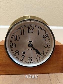 Antique/Vintage Seth Thomas Brass Ships Mantle Clock with Wood Stand & Key USA