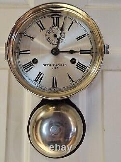 Antique WWI Seth Thomas Ship's Bell Strike'Bottom Bell' Nickel Ship Wall Clock