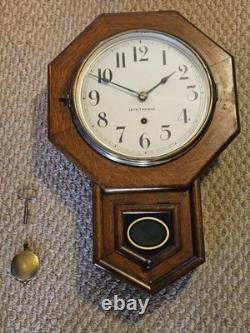 Antique Working 1920's SETH THOMAS Oak Octagon Drop School Regulator Wall Clock