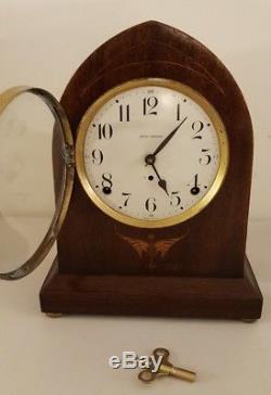 Antique Working SETH THOMAS Mahogany with Maple Inlay Beehive Mantel Shelf Clock
