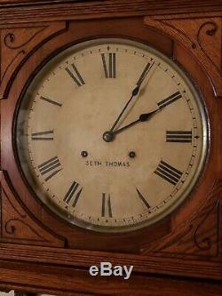 Antique Working SETH THOMAS Oak Time & Strike Gallery Lobby Regulator Wall Clock