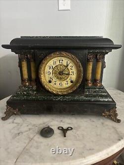 Antique Working SETH THOMAS Victorian Green Marble Adamantine Mantel Clock