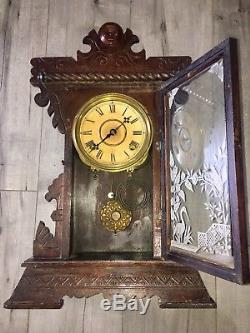 Antique clock Seth Thomas gingerbread oak kitchen wind up Complete & Running