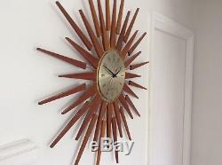 Huge Seth Thomas Vintage Retro Mid Century Modern Sunburst Starburst Wall Clock