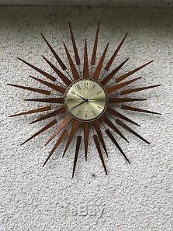 Huge Stunning Vintage Retro Seth Thomas Teak Sunburst / Starburst Wall Clock