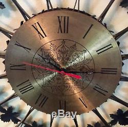 Large Seth Thomas Starburst Wall Clock Brass Face Black Ornate Metal MCM Vinta