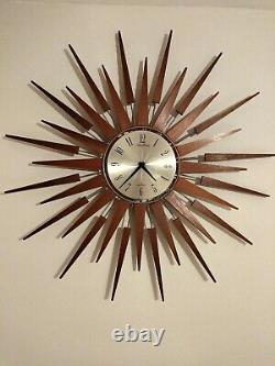 Large Vintage Seth Thomas Scotland Sunburst Starburst Teak Spine Wall Clock