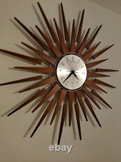 Large Vintage Seth Thomas Scotland Sunburst Starburst Teak Spine Wall Clock