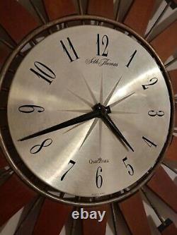 Large Vintage Seth Thomas Scotland Sunburst Starburst Teak Spine Wall Clock