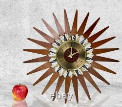 Mid-Century Modern Atomic Walnut Sunburst Sculpted Wall Hanging Clock